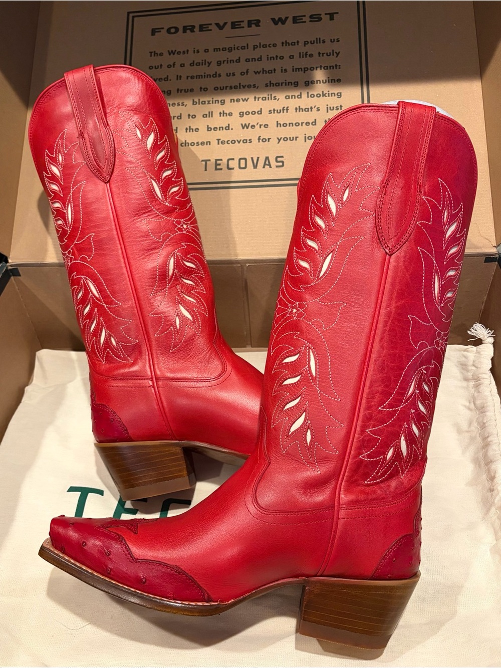 NIB Tecovas Annie Eagles Red Cowhide and Ostrich Cowgirl Boots - Picture 3 of 8